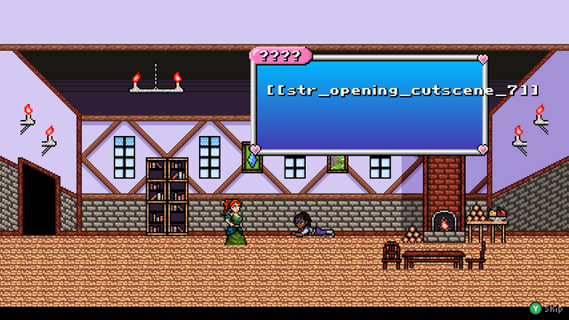 Zalia and Esme in a room. Zalia is lying on the floor. Esme is standing. Zalia's text box reads "[[str_opening_cutscene_7]]"
