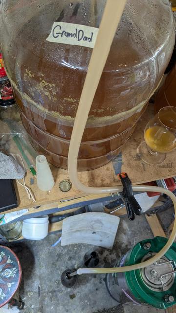 A shot looking down from just above a carboy full of beer sitting on a workbench, a silicone hose can be seen coming down from it and 750ml bottles on the floor are ready to be filled.