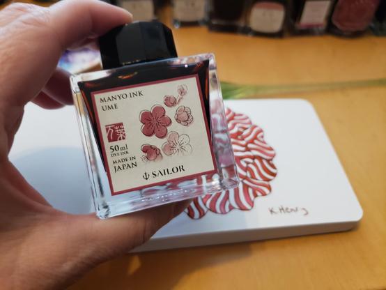 I'm holding a bottle of ink, in front of my sketchbook. Some of the drawing in my sketchbook is visible. The abstract pattern is floral, and it was drawn with the ink in that bottle.