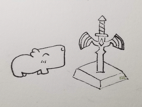 Ink drawing of a capybara standing happily in front of an ornate sword that has been stuck into a stone slab.