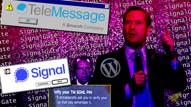 Mike Waltz, Richard Nixon, dialog boxes with telemessage + signal logos, Signalgate background, static, "verify your TM SGNL PIN"
