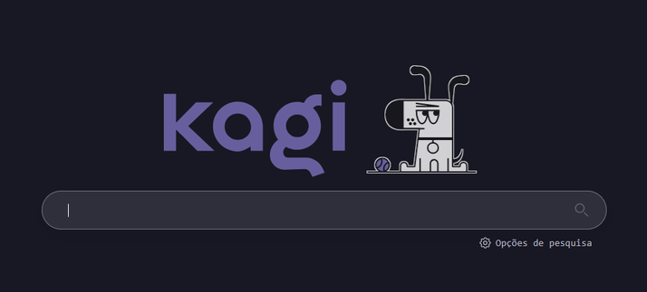 A dark-themed Kagi homepage with the logo in purple stylized text in the center. On the right, Doggo, Kagi's mascot, an illustrated dog, sitting next to a small ball. Below is a search bar with a search icon, and below that a gear icon for search options.