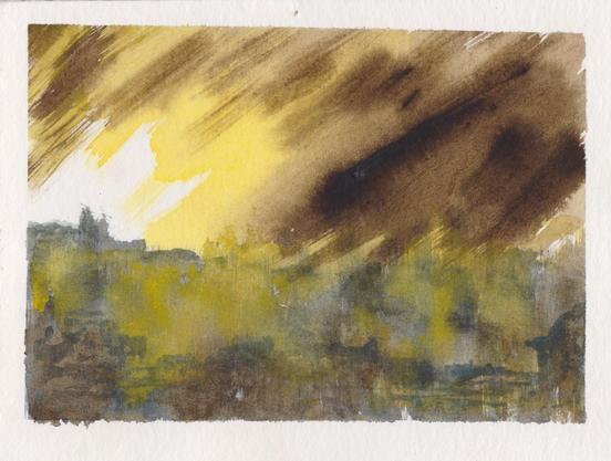 Dark brown and yellow sky diagonally down from top right giving illusion of light falling on a silhouette of a city with a cathedral