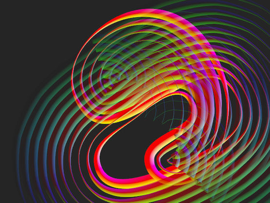A software generated 2D design featuring 10 wobbly curves. One curve is the base, and the other 9 are added by offsetting the most recent curve. They have thinner and thicker parts. The background is dark and the curves are colorful, colors based on the orientation of each segment. One curve is more opaque and saturated, the others seem to fade progressively into the background. I guess the curves may imply motion, making our eyes try to follow the contours to find out if they are closed shapes or not.