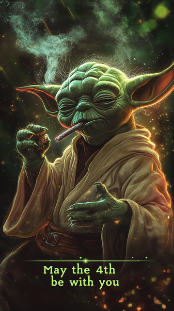 An elderly green alien with long pointed ears—recognizably styled like Yoda from Star Wars—is depicted in a glowing, cosmic environment. He wears his traditional brown Jedi robe, but instead of holding a lightsaber or delivering wisdom, he’s holding a nug of cannabis in one hand and smoking a colorful, lit joint with the other. His eyes are half-closed in a blissful, relaxed expression, and thick swirls of smoke rise around his head, glowing in the green and gold light of the starry background.

At the bottom of the image, bright green text reads:
“May the 4th be with you”

The whole scene is rendered with dramatic lighting and detail, blending sci-fi mysticism with stoner humor. It’s an AI-generated parody that reimagines Yoda not as a wise Jedi Master, but as the galaxy’s chillest weed guru—celebrating May the 4th in very mellow fashion.