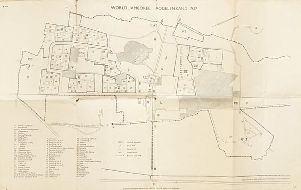 An unfolded yellowing old paper map printed in black ink titled "World Jamboree - Vogelenzang 1937" showing the layout of the camp.  A key in the bottom left corner indicates where various facilities and each country's Scouts were located.
