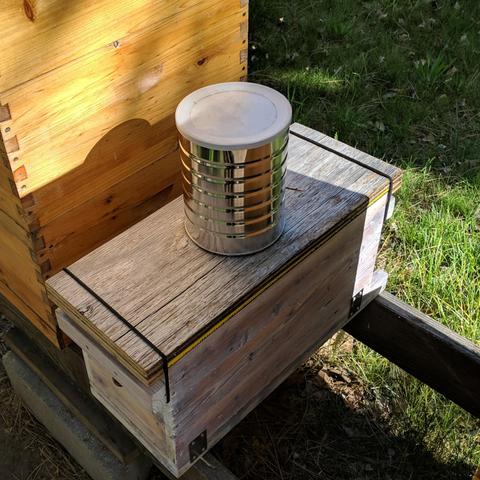 A photo showing the whole nuc hive from behind and above. There is an empty metal dry milk can inverted on top of the feeder jar and fixture to block the direct sunlight. A special cover was made for feeding so the nice one didn't have to get a hole cut in it which would need to be winterized if something is overwintering in the nuc.