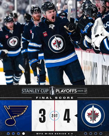 Final Score: Jets defeat Blues 4-3 (2OT). WPG wins series 4-3.