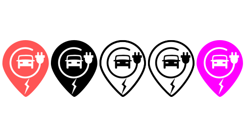 Several colored versions of a map symbol for EV charging stations

The symbol is an inverted teardrop shape with a car image encircled by an electrical wire with plug and a lightning bolt in the point.

Colors left to right: Fluorescent Pink, Black, No Color, White and Fuchsia