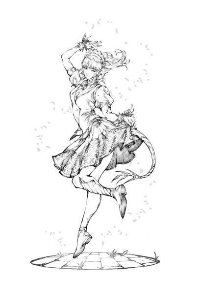 Line art illustration of a female Au Ra (FFXIV race) dancing gracefully. She has curved horns, scales along her cheeks, and a dynamic pose with flowing garments. The minimalist sketch captures motion, with clean strokes emphasizing her elegant movement.