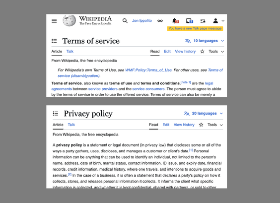 Screenshots of the Wikipedia pages for "Privacy policy" and "Terms of service"