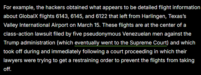 Text discussing hacked flight information for GlobalX flights from Harlingen, Texas, related to a class-action lawsuit against the Trump administration.