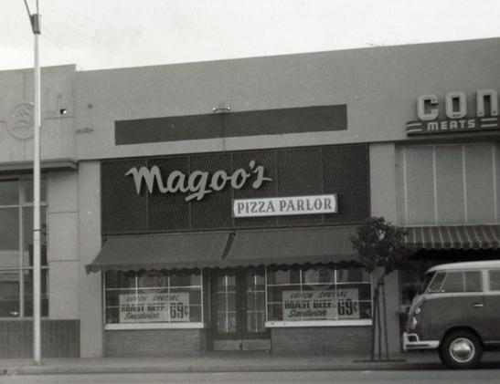 Magoo's Pizza Parlor, exterior, black and white photograph