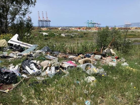 The container harbour of Gioia Tauro in the background. In the foreground an illegal garbage dump next to the road. It includes among many other things: At least 3 toilet bowls, at least 3 sewing machines and a pinball cabinet. Something something metaphor for capitalism?