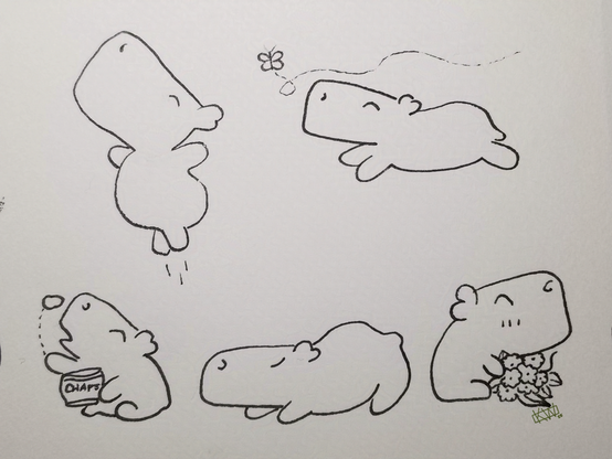 Ink drawings of a capybara playing , snacking, doing yoga, & arranging flowers.