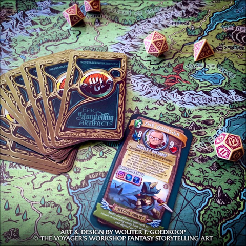 A very large printed handcrafted fantasy map with trading cards from the Voyager’s Workshop and polyhedral dice.