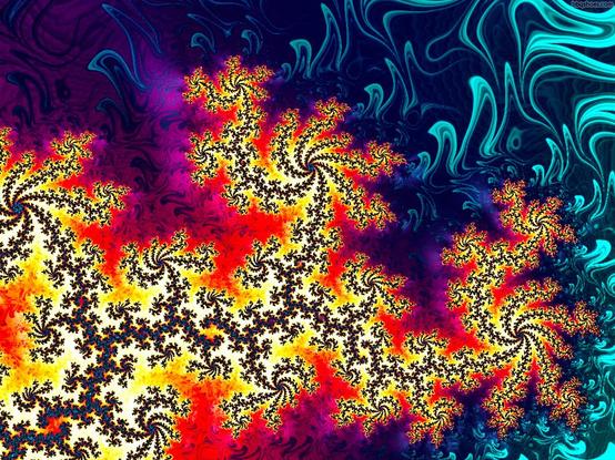 Fractal tendrils and spirals in glowing red-yellow with electric blue energy waves