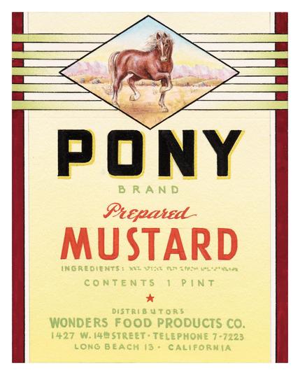 Hand-painted label for “Pony Prepared Mustard” with an image of a horse in a diamond frame at the top.
