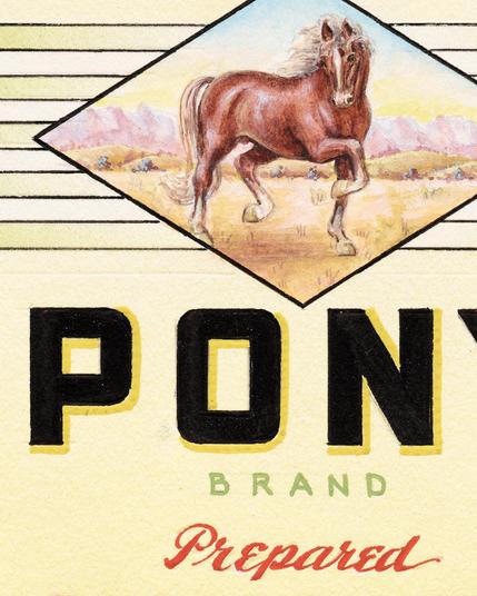 Zoomed detail of a label showing a painted horse, bold gothic letters spelling “PON”, and a script spelling “Prepared”.