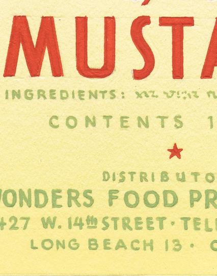 Zoomed detail of the bottom of the label showing tiny, hand-painted sans serif letters and letter-like scribbles after the word “INGREDIENTS:”