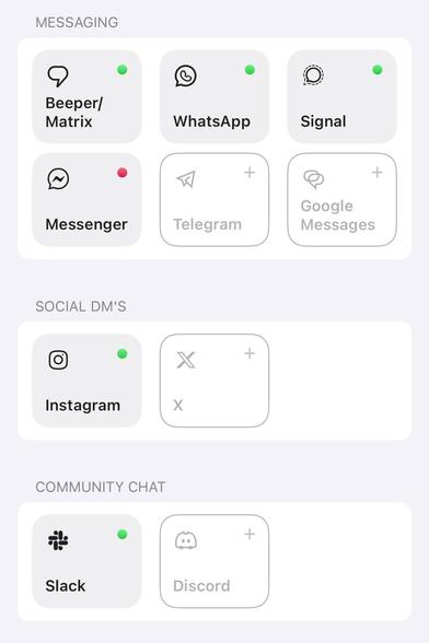 The image displays a layout of various messaging and social media platforms organized into three sections: "Messaging," "Social DM's," and "Community Chat." Each platform is represented by a gray box with an icon and corresponding status indicator (green or red).