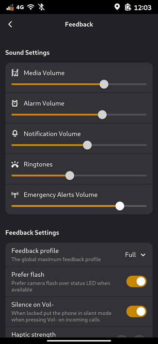 A screenshot of Phosh's mobile settings app. It shows different volume sliders for media, alarm, notifications, ringtones and emergency alerts.