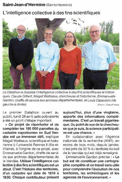 Saint-Jean-d’Hermine (Sainte-Hermine) L’intelligence collective a des fins scientifiques . 
Le Datathon a mobilisé l'intelligence collective a des fins scientifiques et historiques. Claude Gilbert, Magali Watteaux, chercheuse et historienne, Emmanuelle Gardon, cheffe de service aux archives départementales, et Louis Cazaubon (de gauche a droite). | Photo: OUEST-FRANCE .