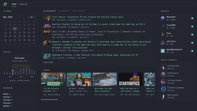 My Glance Home view.  Displayed are: a calendar, weather, bookmark list, Reddit feed, Youtube feed, pinged Services, and Twitch statuses.
