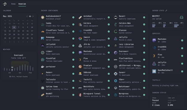 My Glance Homelab view.  Diaplayed are: calendar, weather, Docker container list, basic server monitor, pinged services, Tautulli status, and SABnzbd status.