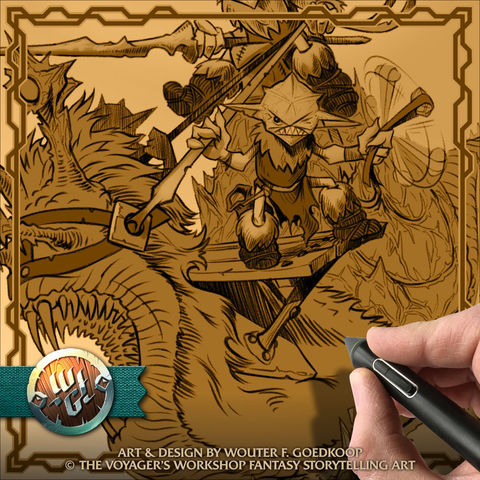 Work in progress on a digital illustration depicting a number of Froblins riding an Andarask.