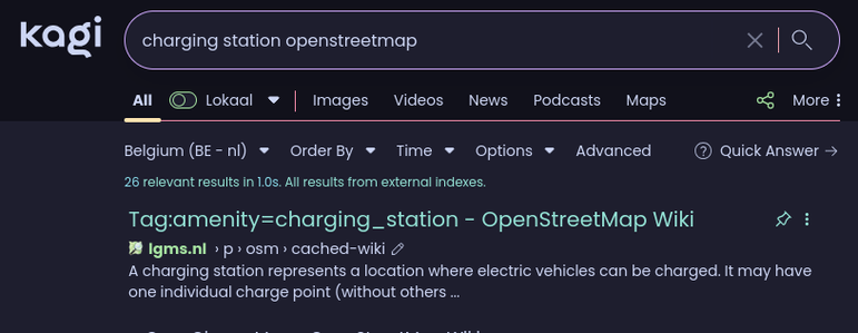 A screenshot of a Kagi search results page with the query "charging station openstreetmap." The top result is titled "Tag:amenity=charging_station - OpenStreetMap Wiki" and is linked to the domain "lgms.nl" instead of the usual OpenStreetMap Wiki URL.