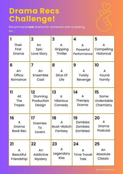 An image of a calendar, challenging the person posting it to mention an East Asian Drama each day that meets the listed criterion for that day. Day 22 is "an addictive mystery"