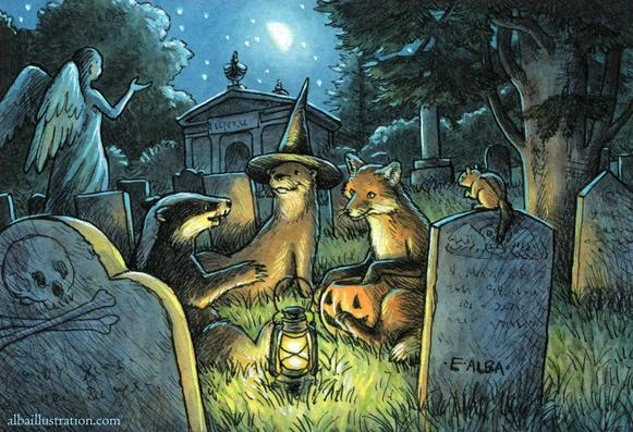 Ink and watercolor illustration of four furry friends (badger, otter, red fox, and chipmunk) telling spooky stories on Halloween night in a graveyard.