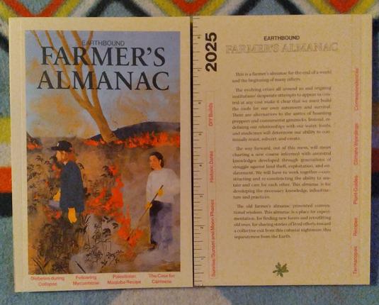 The front and back covers of the 2025 Earthbound Farmer's Almanac, compiled and published by Lobelia Commons.