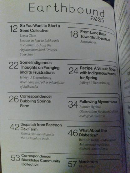 The table of contents for the Almanac. 
On page 42 is the Dispatch from Raccoon Oak Farm, "from a climate refugee in the Atchafalaya basin".