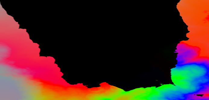 black space outlined by rainbow shapes/clouds