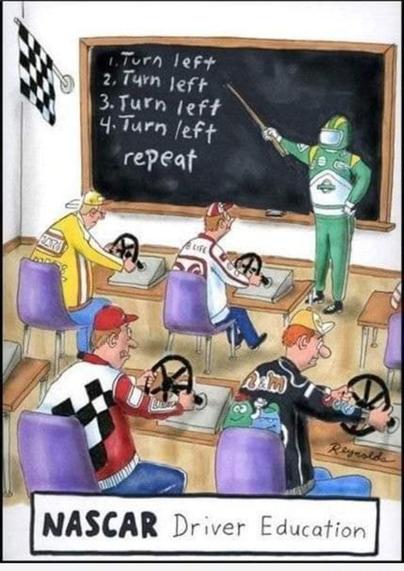 One-panel comic showing a classroom full of desks with an automobile steering wheel on each desk. The students all have baseball caps and are wearing NASCAR fan jackets. 

The teacher, up at the blackboard, is wearing a full racing outfit, with helmet, gloves, and all. He is holding a stick and pointing at the chalkboard. Written on the chalkboard are the words:
1. Turn left
2. Turn left
3. Turn left
4. Turn left 
Repeat 

The meme title reads, "NASCAR Driver's Education."