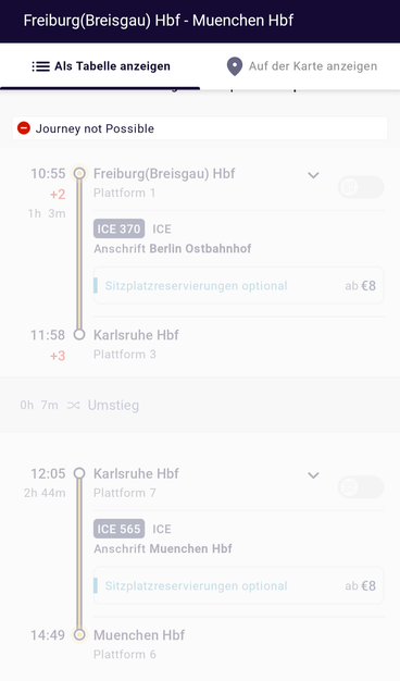 Screenshot aus der RailPlanner-App für eine Fahrt von Freiburg Hbf (ab 10:55 Uhr) nach München Hbf. (an 14:49) mit dem Hinweis "Journey not possible" wegen zu kurzer Umsteigezeit in Karlsruhe