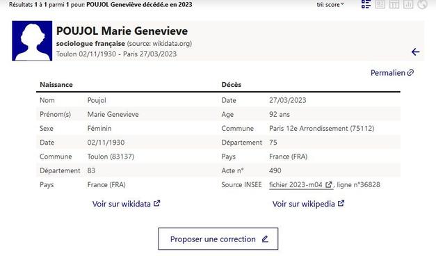 Aperçu de la notice de Geneviève Poujol sur deces.matchid, avec lien vers Wikidata et Wikipédia