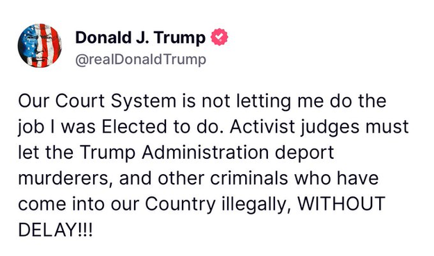 A tweet from Donald J. Trump expressing frustration with the court system and advocating for the deportation of criminals. The tweet features a profile picture with an American flag theme.