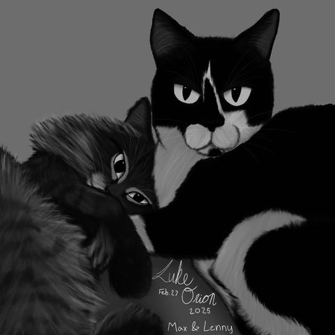 A black-and-white drawing of two cats cuddling together. One cat is black with white markings, and the other is fluffy and gray. The artwork features names "Max & Lenny," along with the artist's signature and date.