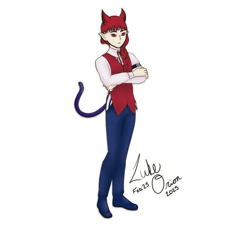 A digital illustration of a character with red hair and pointed ears, wearing a white shirt and a red vest with blue pants. The character has a devilish appearance, complete with a tail, and stands confidently with arms crossed. The artwork is signed and dated