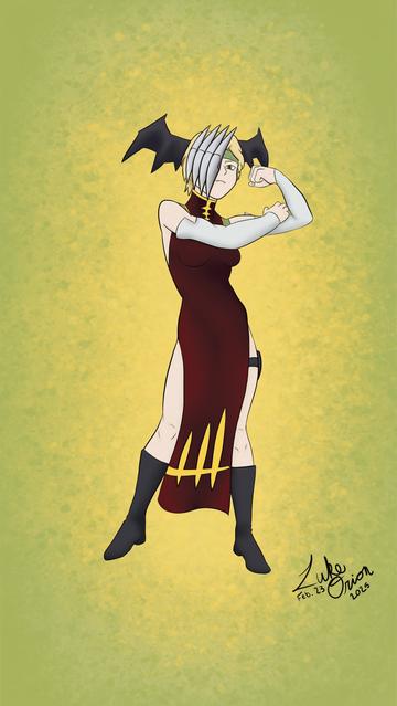 An illustrated character with short hair and a distinctive half-mask. She wears a form-fitting, deep red dress with slits and black stockings, striking a confident pose. The background features a gradient of green hues, adding depth to the image.