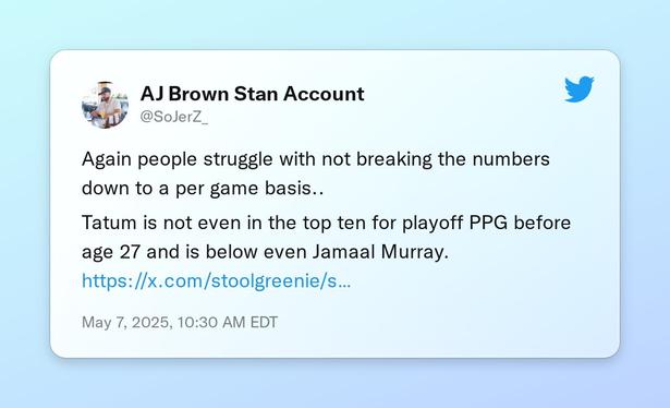 Again people struggle with not breaking the numbers down to a per game basis..

Tatum is not even in the top ten for playoff PPG before age 27 and is below even Jamaal Murray. https://t.co/wiHlyhHdNV