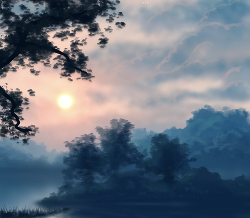 A digital painting depicts a serene landscape at sunrise or sunset.  A large, vibrant, golden sun is positioned slightly off-center, illuminating the scene. Silhouette-like trees are prominent in the mid-ground and background, set against a backdrop of hazy, pastel-colored clouds.  The colors suggest a misty or foggy atmosphere enveloping the trees and a calm body of water that can be seen in the foreground. The overall impression is one of tranquil beauty, with soft, blended colors and a focus on the natural world. The style is digital, with visible brushstrokes or digital painting techniques used to create the image.