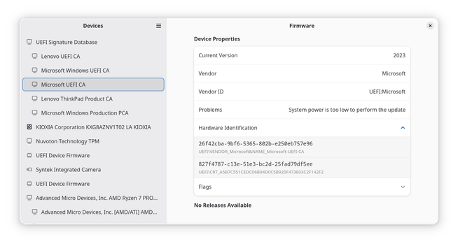gnome-firmware dialog showing the new db and KEK