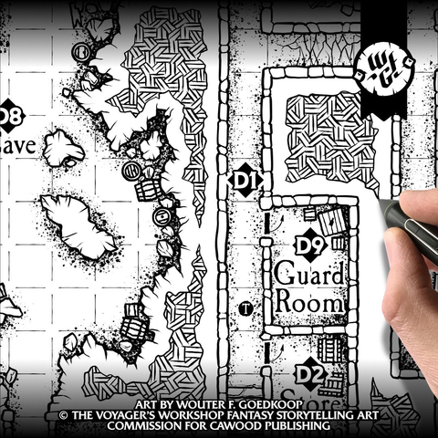 Close up of a work in progress dungeon map illustration, hand inked digitally.