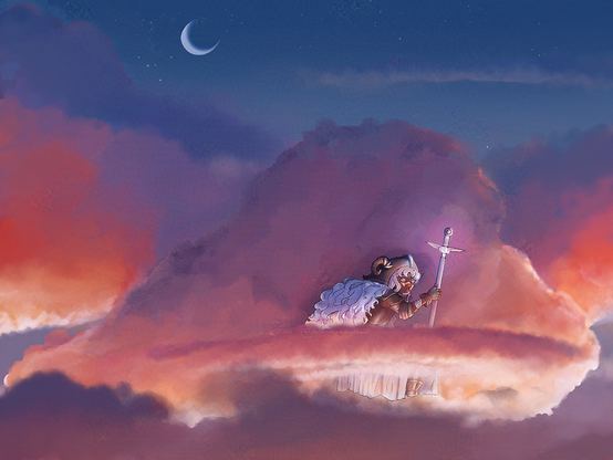 A little girl with dark skin and white hair asleep on a cloud. She's wearing an armour and a long white dress going down to her feets. She holds a magical scepter which irradiates a gentle light.  It's sunset, the palette is purple/blue and orange/pink. There's a crescent moon and some stars appearing in the background.
