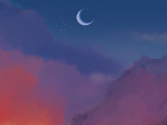 A close up on a crescent moon above bluish purple and pink clouds. You can see a few stars in the background.