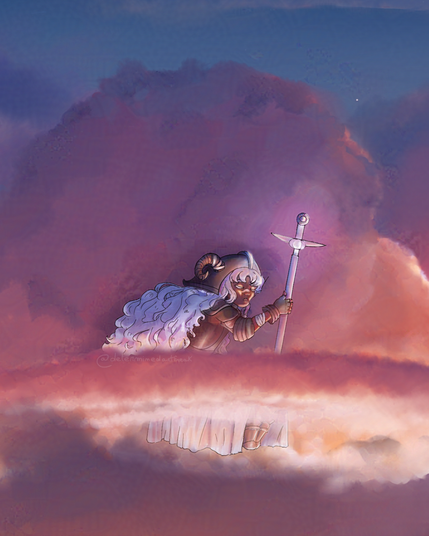A close up on a little girl with dark skin and white hair asleep on a cloud. She's wearing an armour and a long white dress going down to her feets. She holds a magical scepter which irradiates a gentle light.  It's sunset, the clouds and lighting are purple/blue and orange/pink.